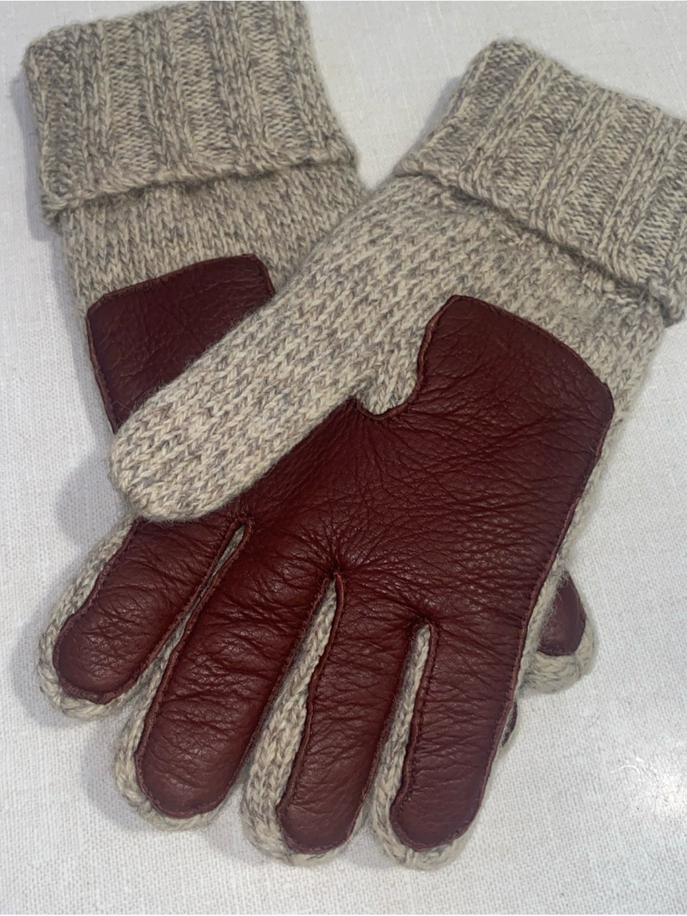 L.L.Bean Wool Knit Gloves Faux Leather Palm Thinsulate Lined VTG Mens Medium